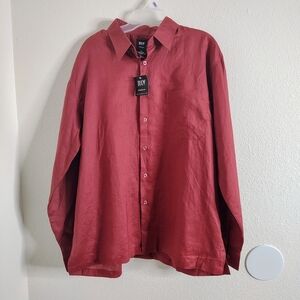 RLV Platinum Burgundy 100% Linen Shirt Sz L Button Up Long Sleeve